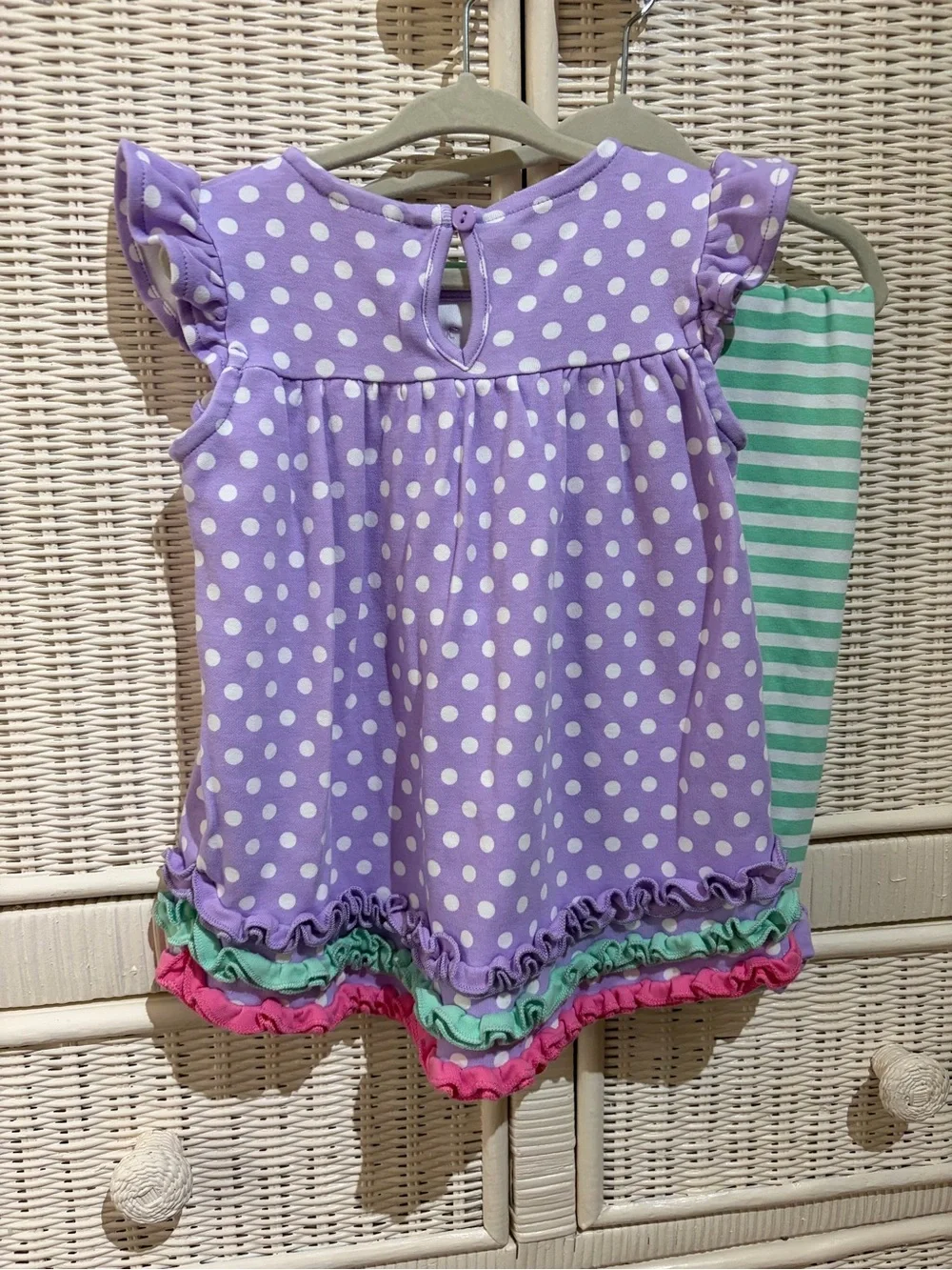 Toddler Girls Lavender, Green, Pink Polka Dot Floral Appliqué Dress Set 3T NWOT
